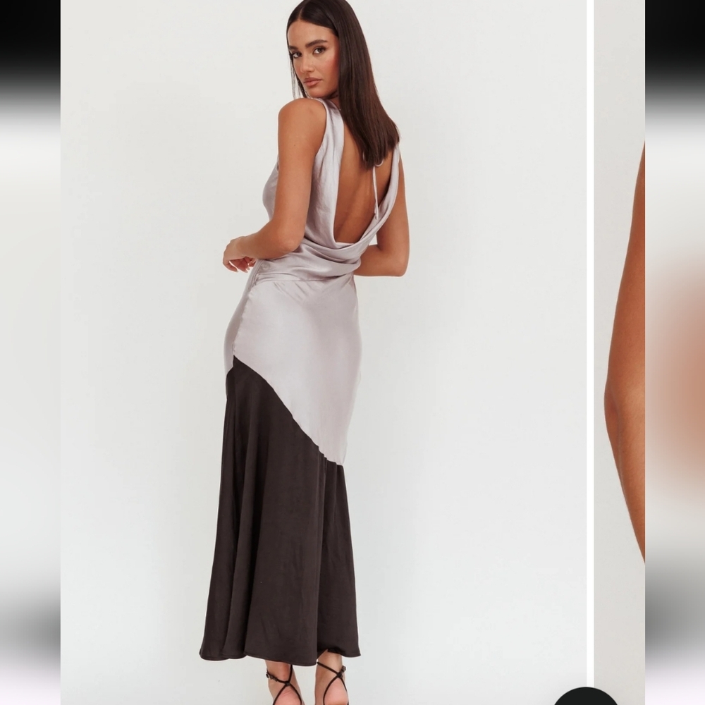 NWT Selfie Leslie Cecilia Cowl Neck Drape Back Gray Silver Maxi Dress Black S